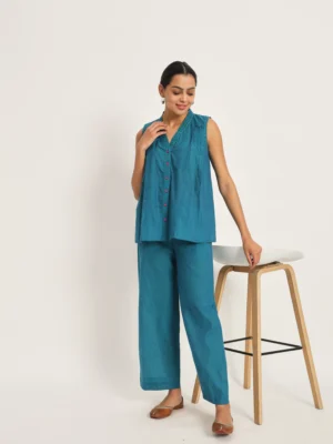 Blue Cotton embroidered Top with Pant set