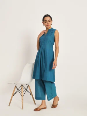Blue Cotton Kantha Embroidered Kurta with Pants
