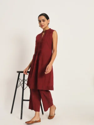 Maroon Cotton Kantha Embroidered Kurta with Pants