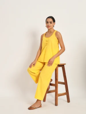 Yellow pleats top with pant Co-ord set