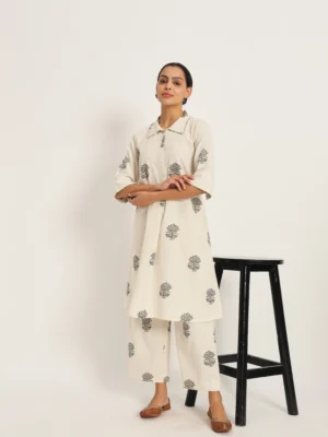 Ivory Lotus Block Print Kurta with Pants