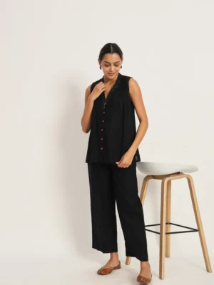 Black Cotton embroidered Top with Pant set