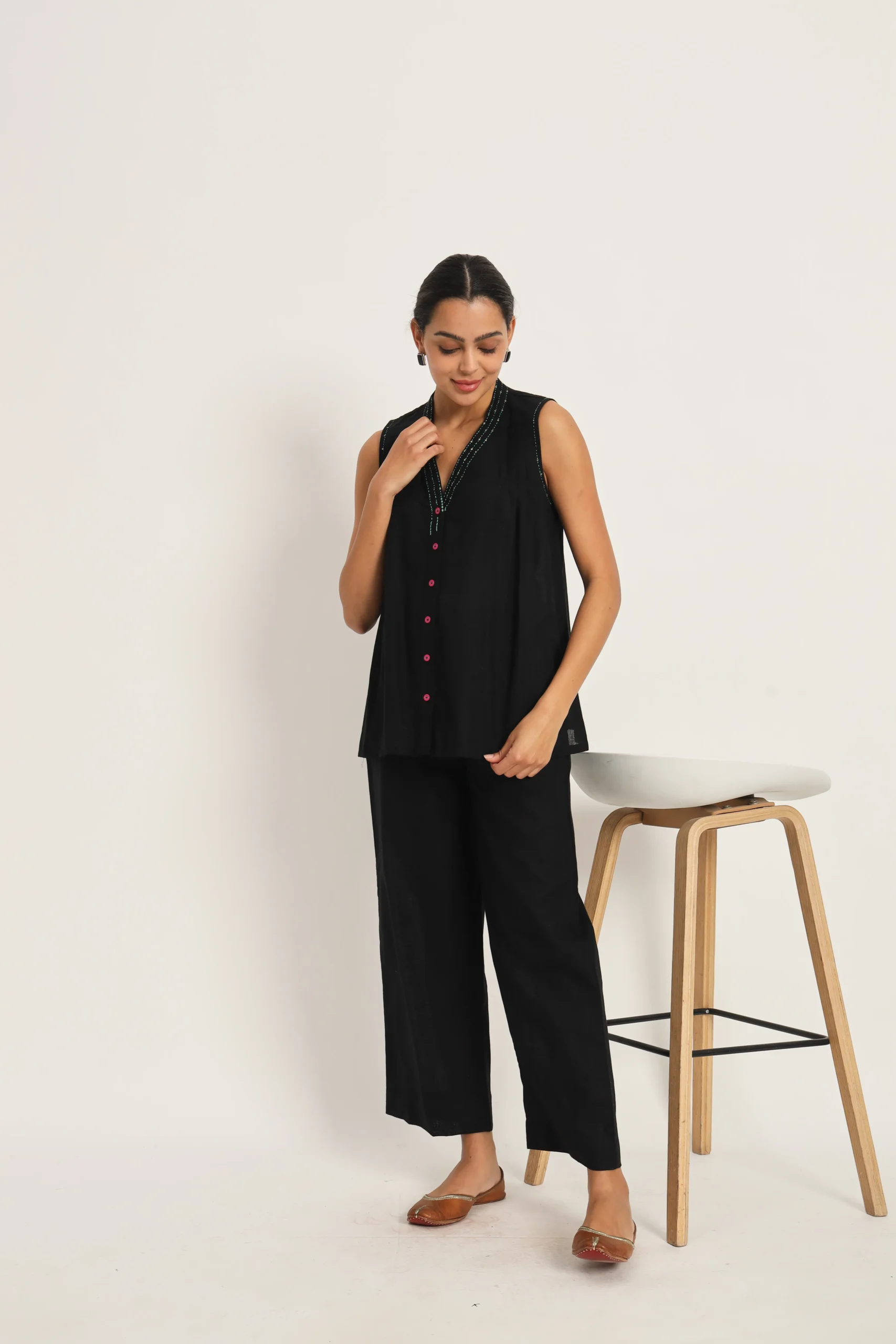 Black Cotton embroidered Top with Pant set