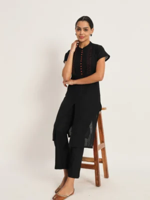 Black Cotton Kantha Embroidered Kurta with Pants