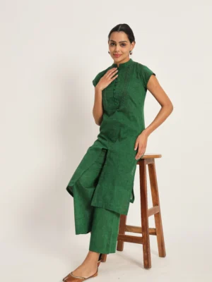 Green Cotton Kantha Embroidered Kurta with Pants