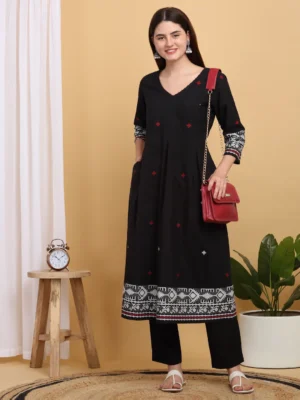 Black Cotton Geometric Woven Co-ord Set for Women