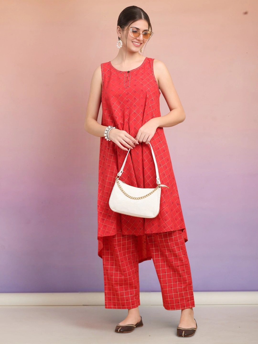 Red Block Print Cotton Co-ord Set for Women | Sleeveless Summer Wear