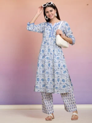 Blue Floral Block Print Cotton Kurta Pant Set for Women | 3/4 Sleeve Ethnic Wear