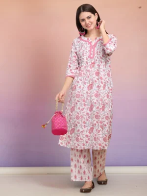 Pink Floral Block Print Cotton Kurta Pant Set for Women | 3/4 Sleeve Ethnic Wear
