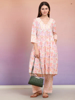 Multicolor Floral Block Print Cotton Kurta Pant Set for Women | V-Neck Ethnic Wear