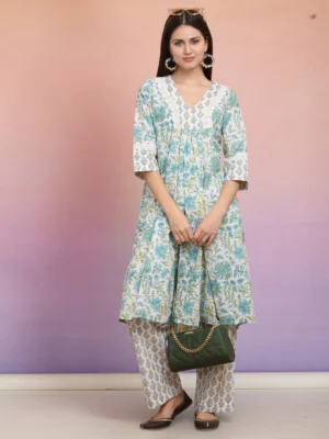 Sea Green Floral Block Print Cotton Kurta Pant Set for Women | V-Neck Lace Detail Ethnic Wear
