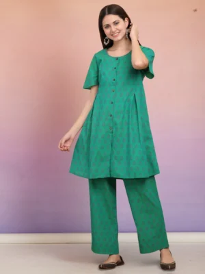 Green Handloom Cotton Block Print Kurta Pant Set for Women | Short Sleeve Ethnic Co-ord