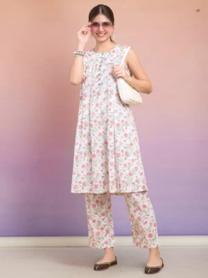 Pink Floral Block Print Cotton Pleated Kurta Pant Co-ord Set for Women