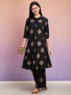 Black Block Print Cotton Flex Kurta Pant Co-ord Set for Women | Collared Ethnic Wear