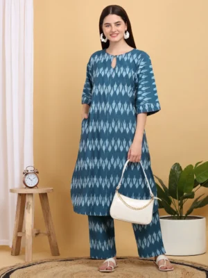 Blue Cotton Woven Ikkat Co-ord Set for Women