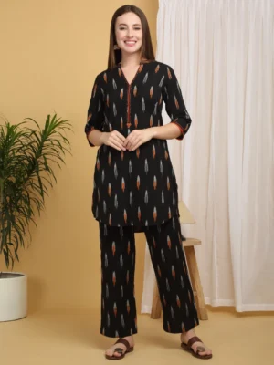 Black Cotton Woven Ikkat Co-ord Set for Women