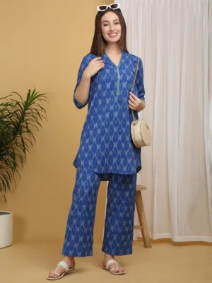 Blue Cotton Woven Ikkat Co-ord Set for Women