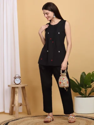 Black Cotton Geometric Woven Co-ord Set for Women