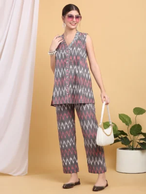 Grey/ Peach Cotton Woven Ikkat Co-ord Set for Women