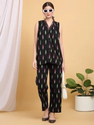 Black Cotton Woven Ikkat Co-ord Set for Women