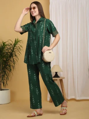 Dark Green Cotton Woven Ikkat Co-ord Set for Women