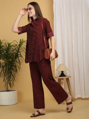 Maroon  Cotton Woven Ikkat Co-ord Set for Women