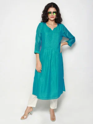 Turquoise Chanderi Block Print Pleated Kurta for Women