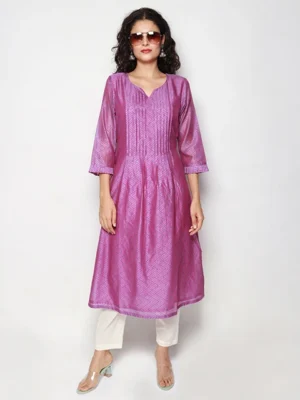 Purple Chanderi Zigzag Pattern Pleated Kurta for Women
