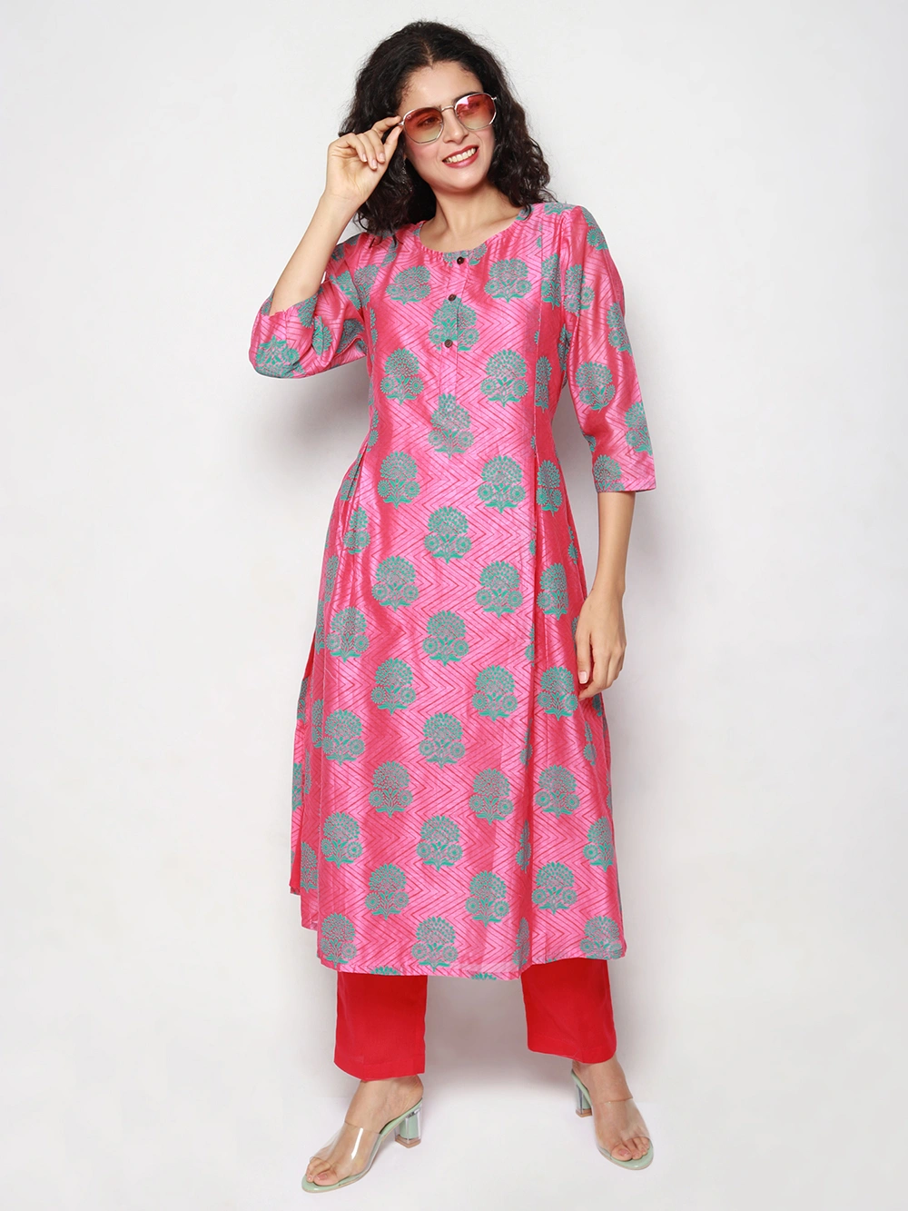 Pink Block Print Motif Chanderi Kurta for Women