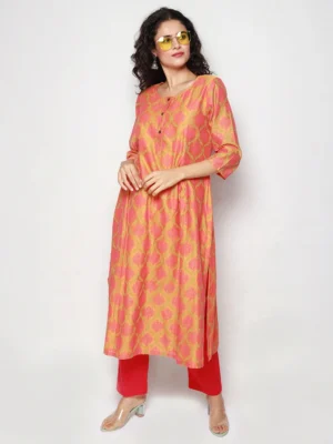 Orange Floral Block Print Chanderi Kurta for Women