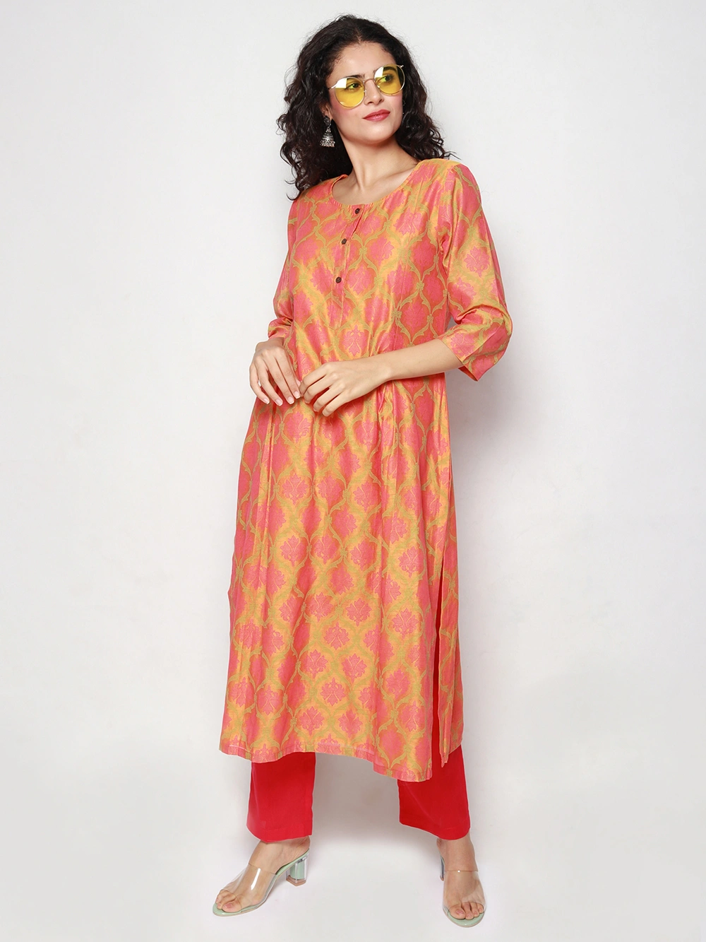 Orange Floral Block Print Chanderi Kurta for Women