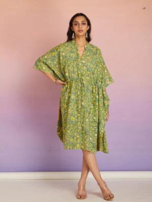 Green Floral Hand Block Print Cotton Kaftan Dress for Women | Relaxed Fit Boho Summer Kaftan