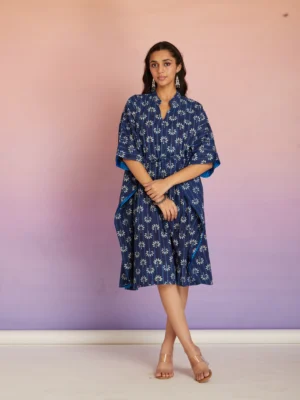 Indigo Hand Block Print Cotton Kaftan Dress for Women | Relaxed Fit Boho Midi Kaftan