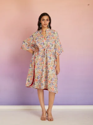Multicolor Floral Hand Block Print Cotton Kaftan Dress for Women | Relaxed Fit Boho Midi Kaftan