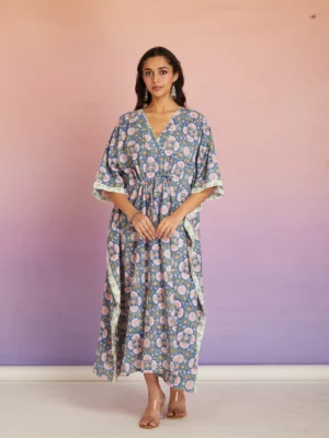 Blue Floral Hand Block Print Cotton Maxi Kaftan Dress for Women | Relaxed Fit Resort Wear Kaftan