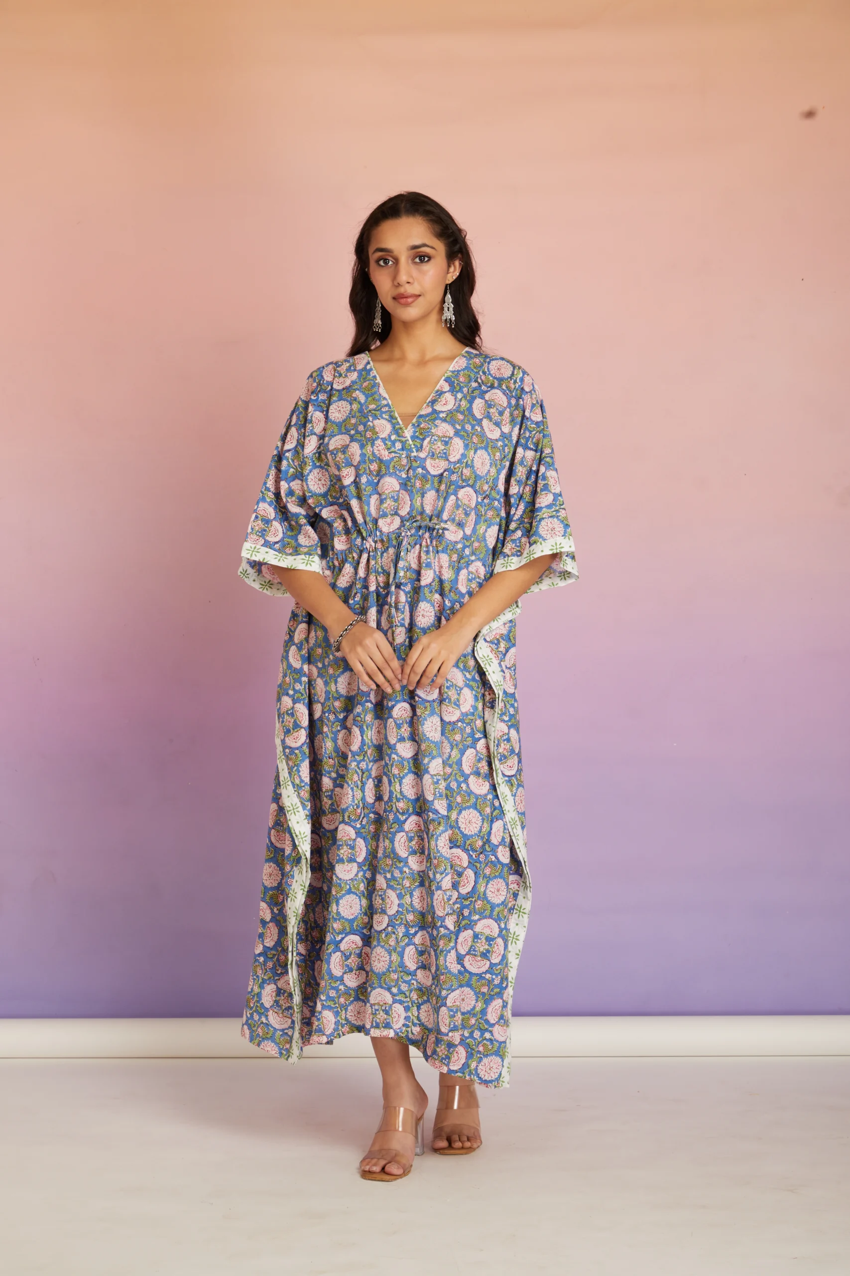 Blue Floral Hand Block Print Cotton Maxi Kaftan Dress for Women | Relaxed Fit Resort Wear Kaftan