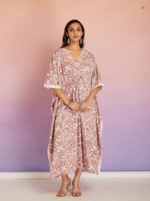 Pink Floral Hand Block Print Cotton Maxi Kaftan Dress for Women | Relaxed Fit Boho Resort Wear