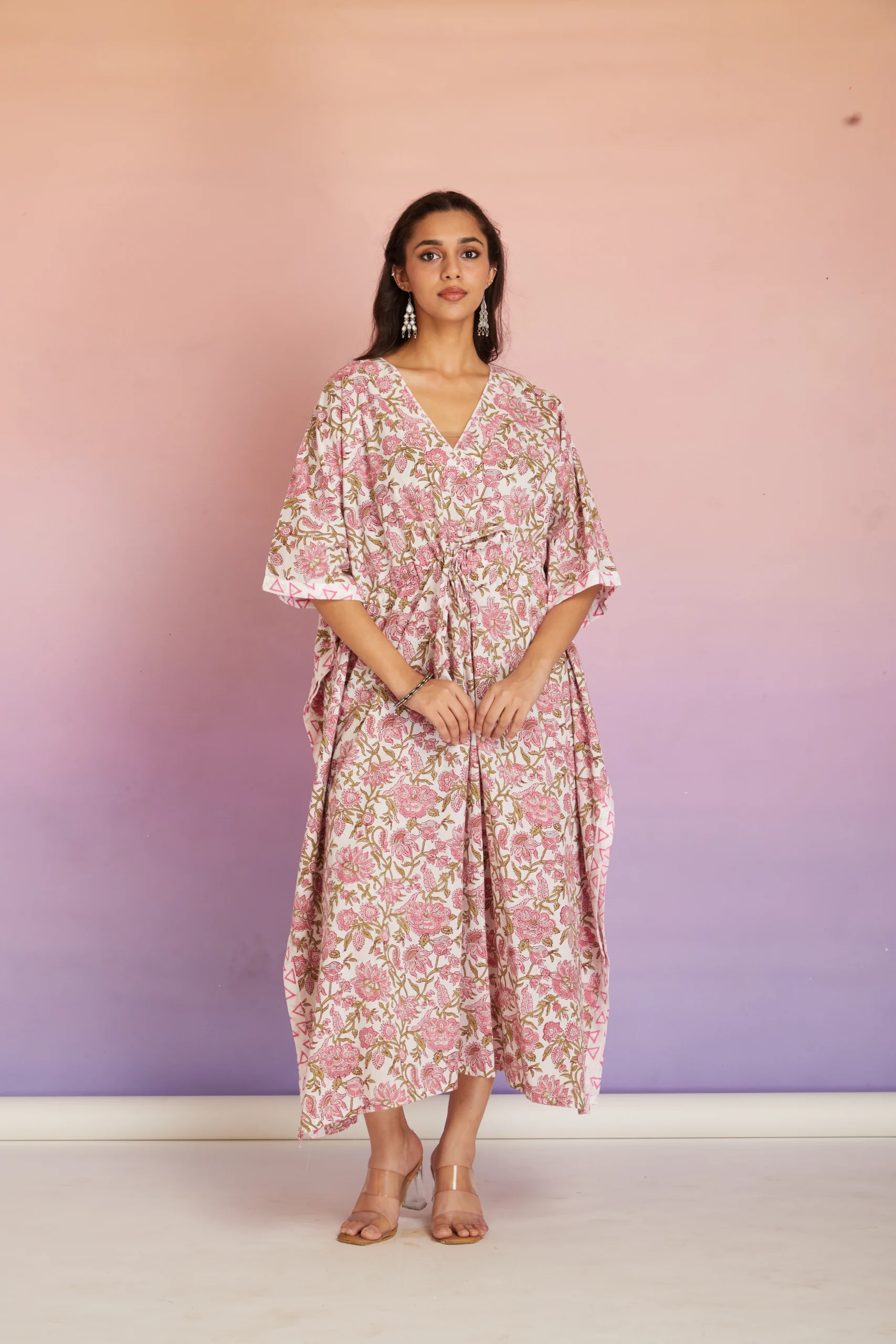 Pink Floral Hand Block Print Cotton Maxi Kaftan Dress for Women | Relaxed Fit Boho Resort Wear