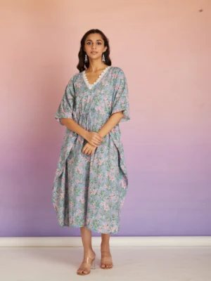 Blue Floral Cotton Maxi Kaftan Dress for Women | Relaxed Fit Boho Lounge & Resort Wear