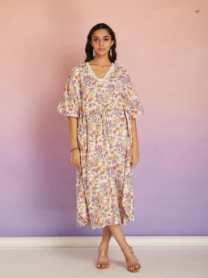 Pastel Floral Cotton Maxi Kaftan Dress for Women | Relaxed Fit Boho Lounge & Resort Wear