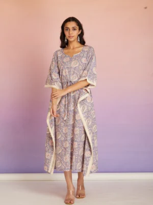 Lavender Paisley Print Cotton Maxi Kaftan Dress for Women | Relaxed Fit Boho Resort Wear