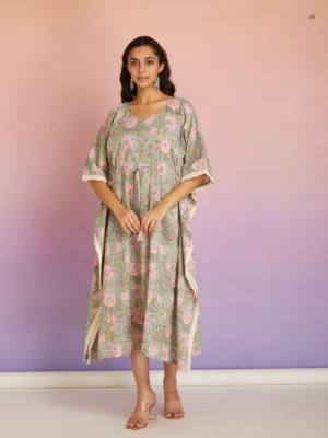 Pastel Floral Cotton Maxi Kaftan Dress for Women | Relaxed Fit Boho Resort Wear