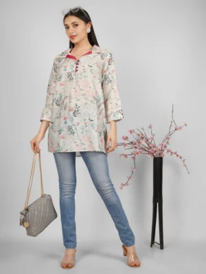 Women’s Floral Printed Cotton Silk Shirt Tunic Top – Elegant Casual & Office Wear for Women