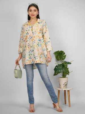 Women’s Multicolor Leaf Printed  Cotton Silk Shirt Tunic – Casual  Indo-Western Top for Women