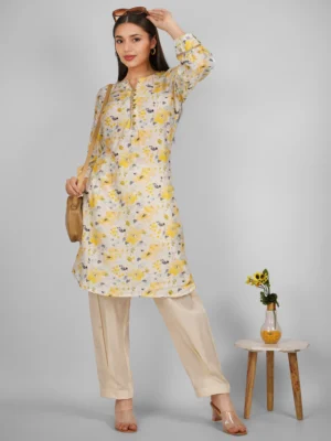 Women’s Yellow Floral Printed  Cotton Silk Tunic Kurta – Elegant  Casual & Office Wear Kurti for Women