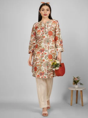 Women’s Heritage Floral Printed  Cotton Silk Tunic Kurta – Elegant  Indo-Western Ethnic Wear for Women