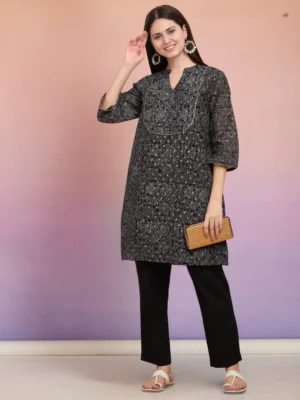 Black Floral Printed V-Neck Tunic for Women | Designer Ethnic Kurta Top