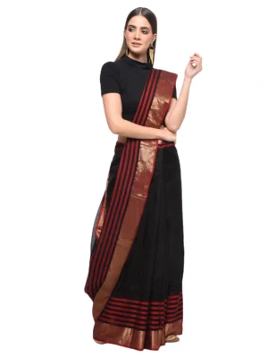 Black Chanderi Hand woven Saree with Blouse pc