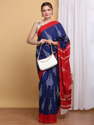 Blue & Red Cotton Mul Hand Block Print Saree with Contrast Border