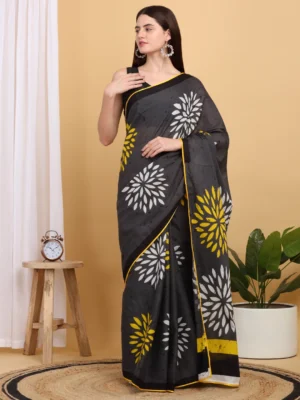 Yellow & Grey Cotton Mul Hand Block Print Saree with Contrast Border